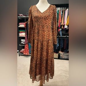 Loft animal print midi dress with sheer sleeve detail